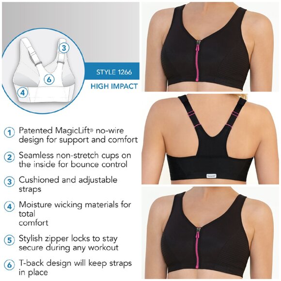 Set of 3! 42B Glamorise SPORT Bra (HIGH-IMPACT) Black (RACERBACK) T-Back Zip NEW - Picture 1 of 16